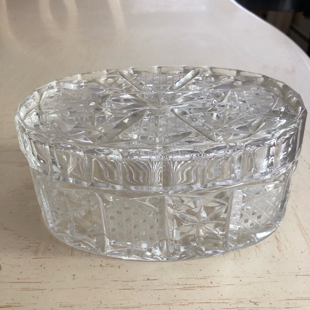 Vintage cut glass oval trinket jewelry keepsake box